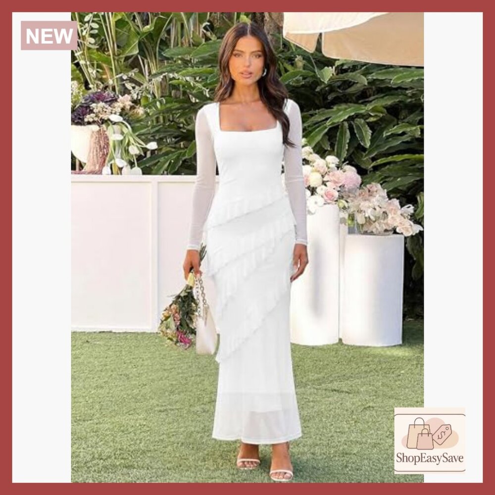 Sexy Ruched Bodycon Long Sleeve Square Neck Ruffle Maxi Dress Elegant Party Wear - Picture 3 of 6
